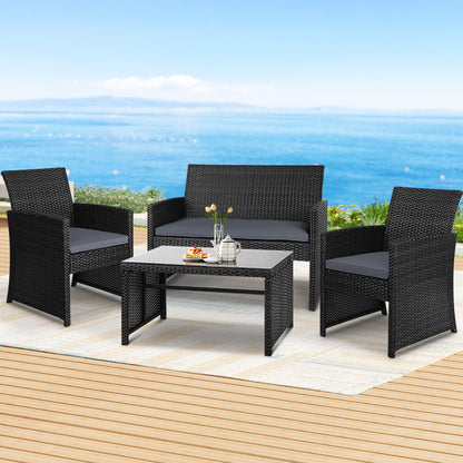 Gardeon 4 PCS Outdoor Sofa Set Rattan Chair Table Setting Garden Furniture Black-Outdoor Furniture Sets-PEROZ Accessories