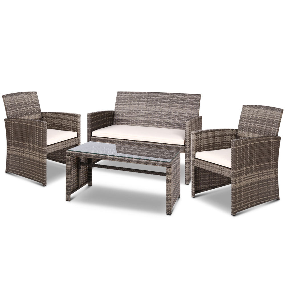 Gardeon 4 PCS Outdoor Sofa Set Rattan Chair Table Setting Garden Furniture Grey-Outdoor Furniture Sets-PEROZ Accessories