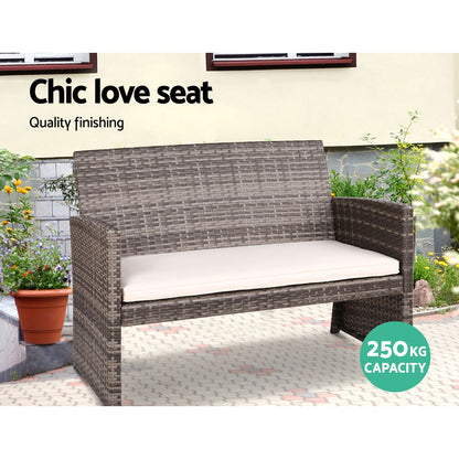 Gardeon 4 PCS Outdoor Sofa Set Rattan Chair Table Setting Garden Furniture Grey-Outdoor Furniture Sets-PEROZ Accessories