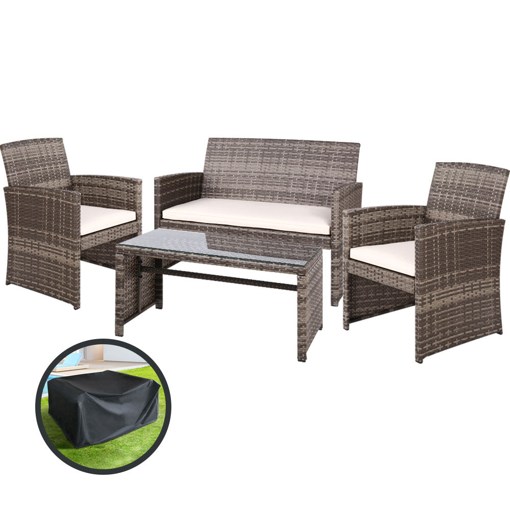 Gardeon 4 PCS Outdoor Sofa Set with Storage Cover Rattan Chair Furniture Grey-Outdoor Furniture Sets-PEROZ Accessories