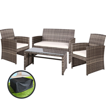 Gardeon 4 PCS Outdoor Sofa Set with Storage Cover Rattan Chair Furniture Grey-Outdoor Furniture Sets-PEROZ Accessories