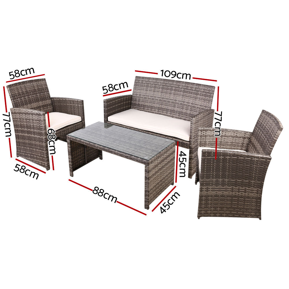 Gardeon 4 PCS Outdoor Sofa Set with Storage Cover Rattan Chair Furniture Grey-Outdoor Furniture Sets-PEROZ Accessories