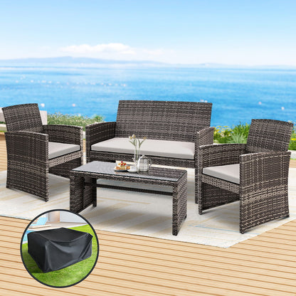 Gardeon 4 PCS Outdoor Sofa Set with Storage Cover Rattan Chair Furniture Grey-Outdoor Furniture Sets-PEROZ Accessories