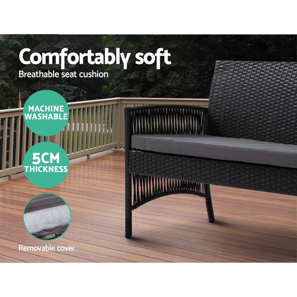 Gardeon 4PCS Outdoor Sofa Set Wicker Harp Chair Table Garden Furniture Black-Outdoor Furniture Sets-PEROZ Accessories