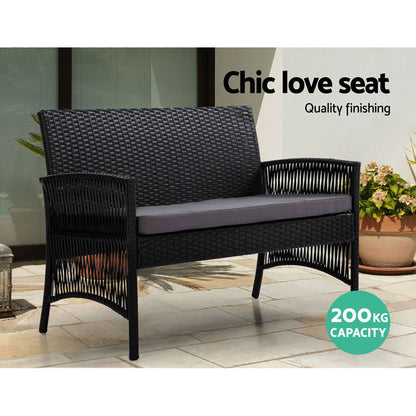 Gardeon 4PCS OutdoorSofa Set with Storage Cover Wicker Harp Chair Table Black-Outdoor Furniture Sets-PEROZ Accessories