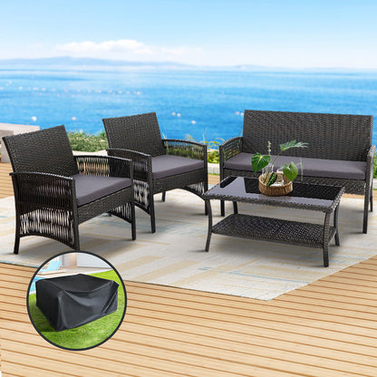 Gardeon 4PCS Outdoor Sofa Set with Storage Cover Wicker Harp Chair Table Grey-Outdoor Furniture Sets-PEROZ Accessories