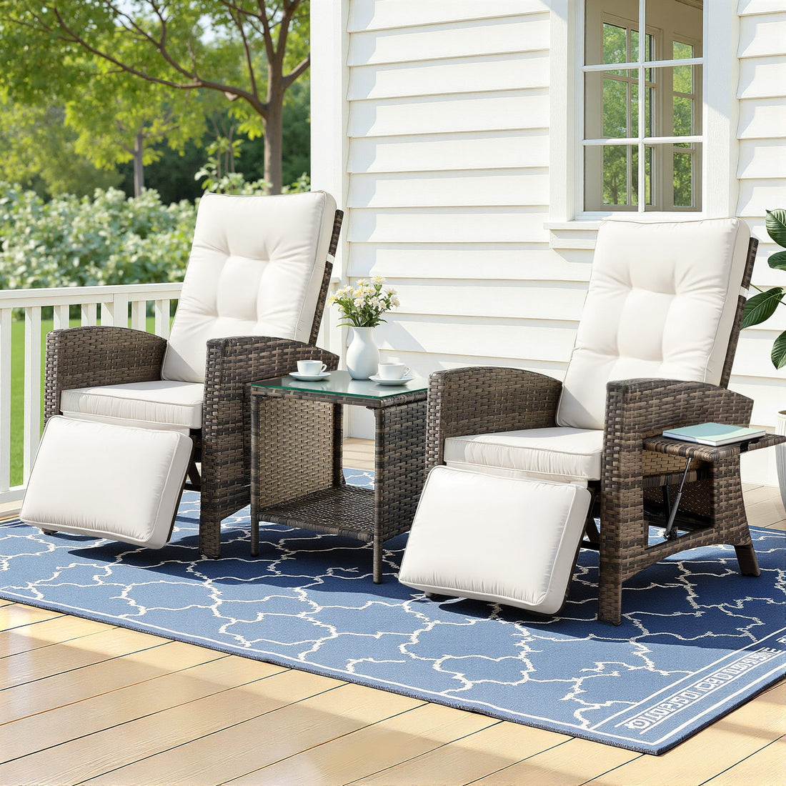 Gardeon 3PC Outdoor Bistro Set Recliner Chairs Table Sun lounge Patio Furniture Wicker Adjustable-Furniture > Outdoor > Outdoor Chairs-PEROZ Accessories