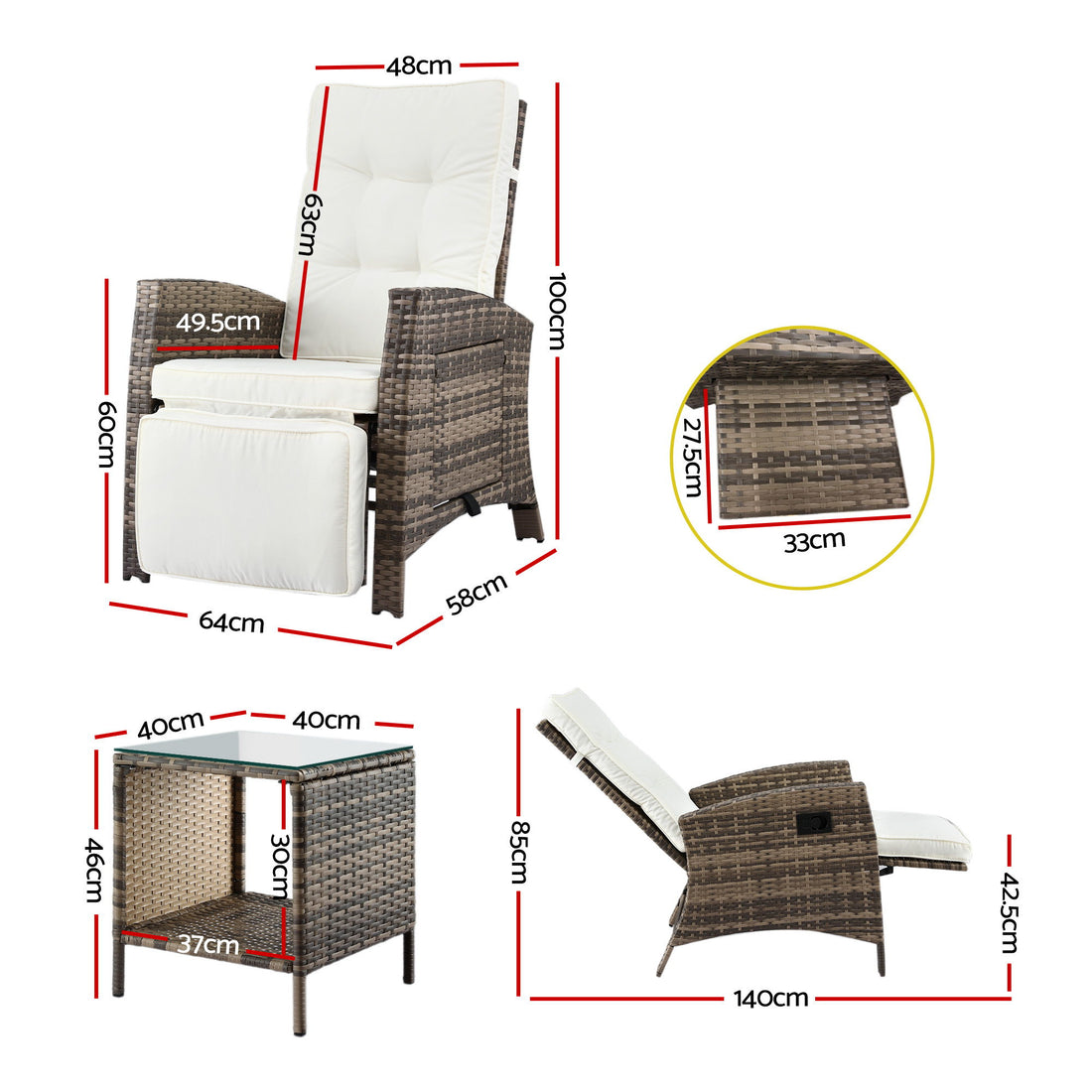Gardeon 3PC Outdoor Bistro Set Recliner Chairs Table Sun lounge Patio Furniture Wicker Adjustable-Furniture > Outdoor > Outdoor Chairs-PEROZ Accessories