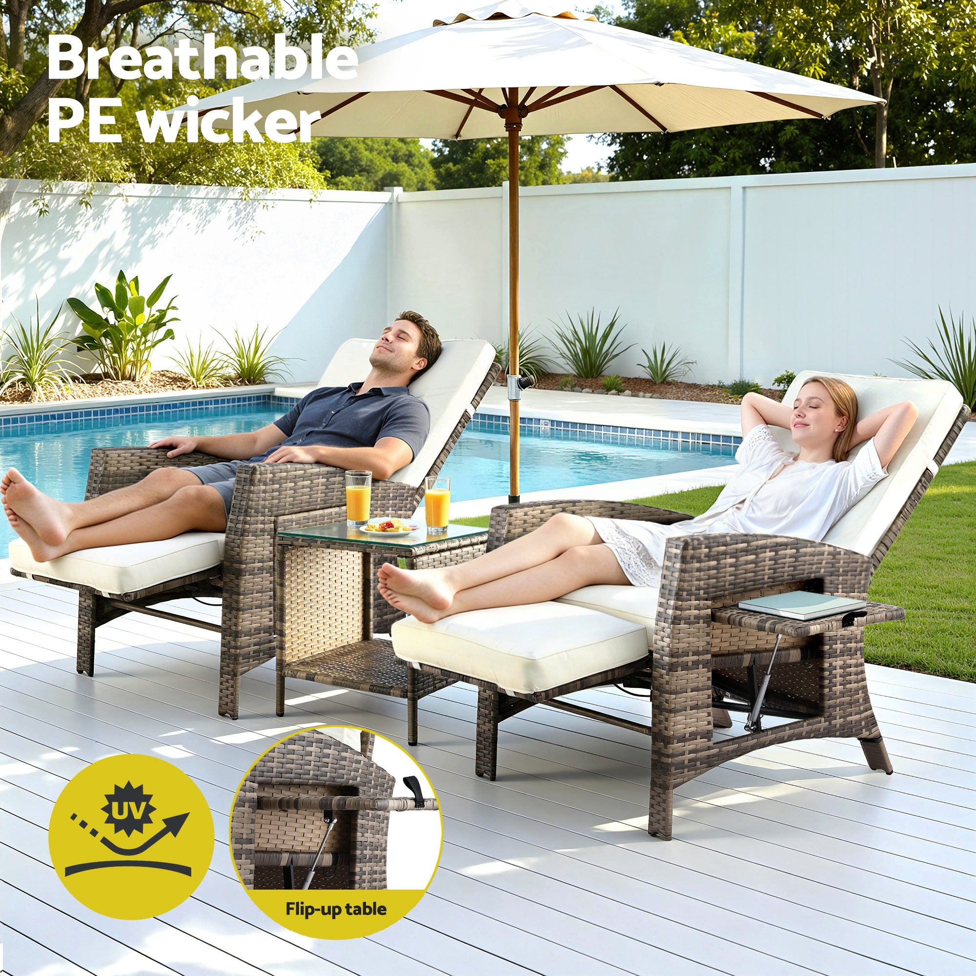 Gardeon 3PC Outdoor Bistro Set Recliner Chairs Table Sun lounge Patio Furniture Wicker Adjustable-Furniture > Outdoor > Outdoor Chairs-PEROZ Accessories