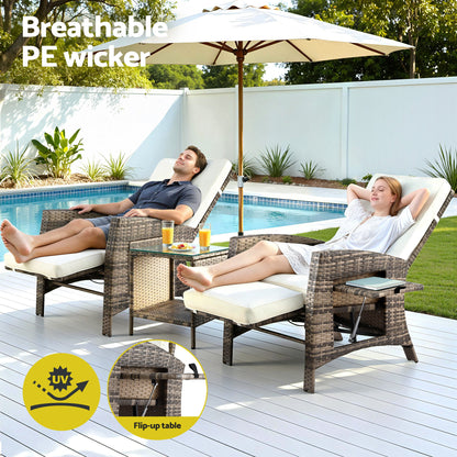Gardeon 3PC Outdoor Bistro Set Recliner Chairs Table Sun lounge Patio Furniture Wicker Adjustable-Furniture > Outdoor > Outdoor Chairs-PEROZ Accessories