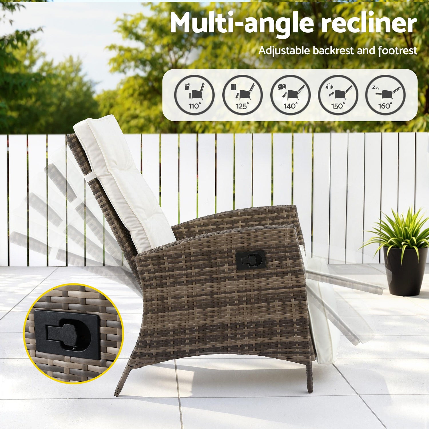 Gardeon 3PC Outdoor Bistro Set Recliner Chairs Table Sun lounge Patio Furniture Wicker Adjustable-Furniture > Outdoor > Outdoor Chairs-PEROZ Accessories
