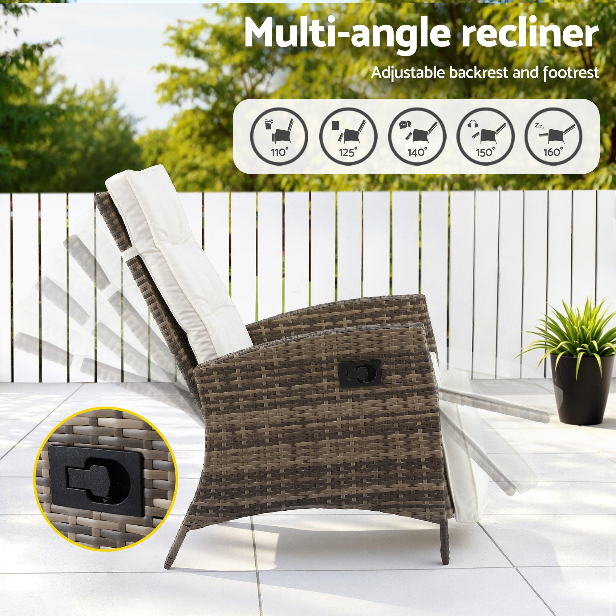 Gardeon 3PC Outdoor Bistro Set Recliner Chairs Table Sun lounge Patio Furniture Wicker Adjustable-Furniture > Outdoor > Outdoor Chairs-PEROZ Accessories