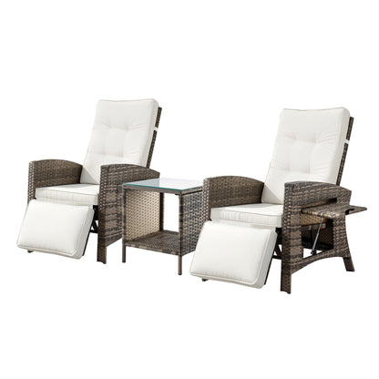 Gardeon 3PC Outdoor Bistro Set Recliner Chairs Table Sun lounge Patio Furniture Wicker Adjustable-Furniture > Outdoor > Outdoor Chairs-PEROZ Accessories