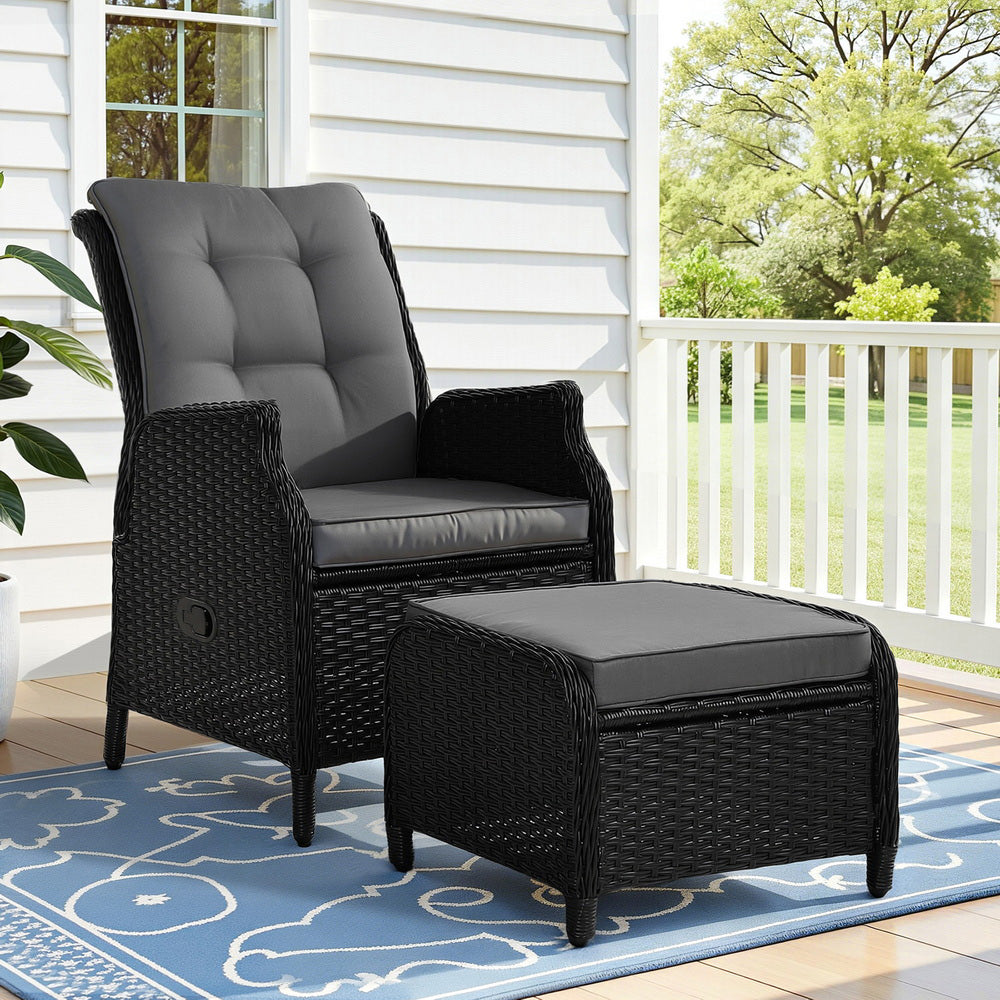 Gardeon Recliner Chair Sun lounge Wicker Lounger Outdoor Furniture Patio Adjustable Black-Sun Lounges-PEROZ Accessories