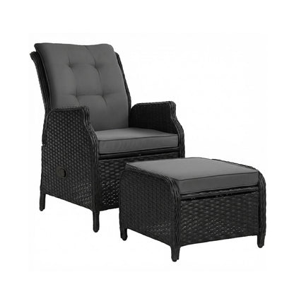 Gardeon Recliner Chair Sun lounge Wicker Lounger Outdoor Furniture Patio Adjustable Black-Sun Lounges-PEROZ Accessories