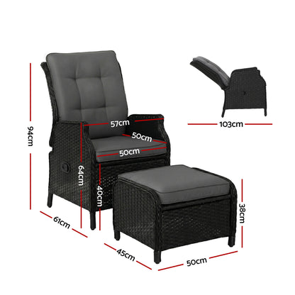 Gardeon Recliner Chair Sun lounge Wicker Lounger Outdoor Furniture Patio Adjustable Black-Sun Lounges-PEROZ Accessories