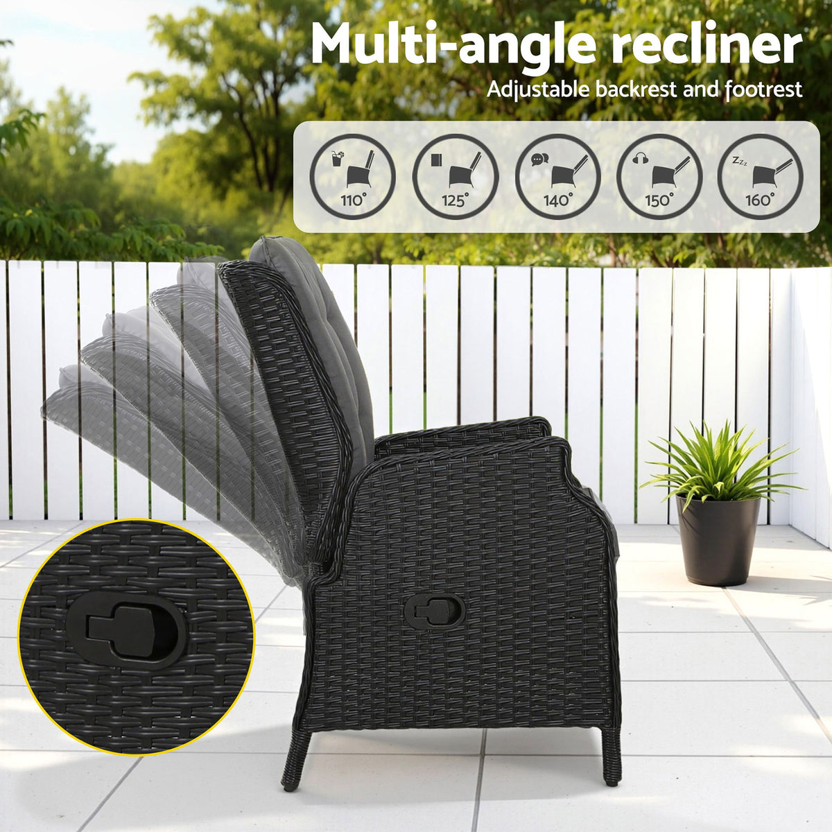 Gardeon Recliner Chair Sun lounge Wicker Lounger Outdoor Furniture Patio Adjustable Black-Sun Lounges-PEROZ Accessories