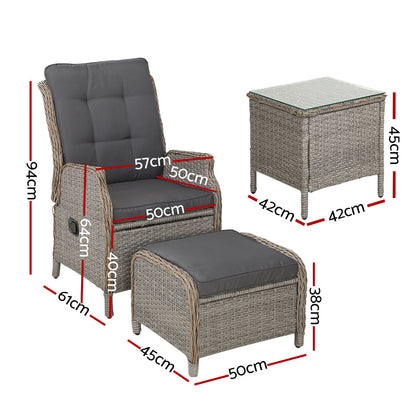 Gardeon 5PC Recliner Chairs Table Sun lounge Wicker Outdoor Furniture Adjustable Grey-Furniture &gt; Outdoor &gt; Outdoor Chairs-PEROZ Accessories