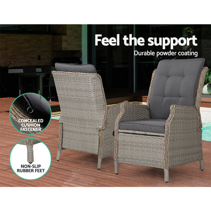 Gardeon 5PC Recliner Chairs Table Sun lounge Wicker Outdoor Furniture Adjustable Grey-Furniture &gt; Outdoor &gt; Outdoor Chairs-PEROZ Accessories