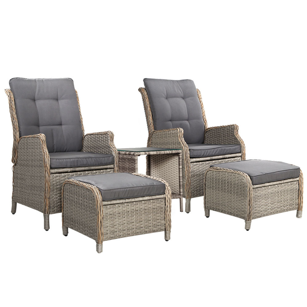 Gardeon 5PC Recliner Chairs Table Sun lounge Wicker Outdoor Furniture Adjustable Grey-Furniture > Outdoor > Outdoor Chairs-PEROZ Accessories