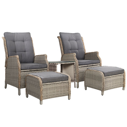 Gardeon 5PC Recliner Chairs Table Sun lounge Wicker Outdoor Furniture Adjustable Grey-Furniture > Outdoor > Outdoor Chairs-PEROZ Accessories