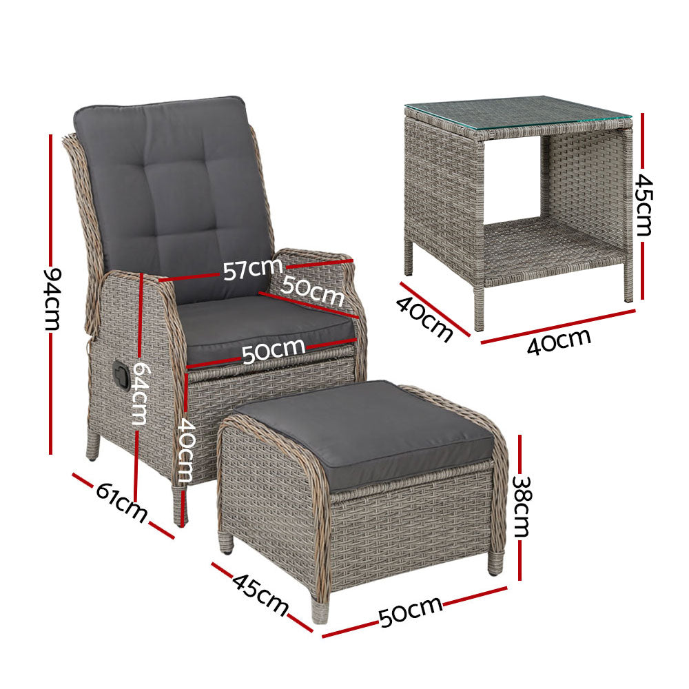 Gardeon 5PC Recliner Chairs Table Sun lounge Wicker Outdoor Furniture Adjustable Grey-Furniture > Outdoor > Outdoor Chairs-PEROZ Accessories