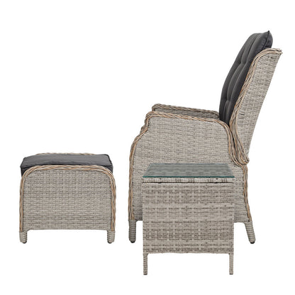 Gardeon 5PC Recliner Chairs Table Sun lounge Wicker Outdoor Furniture Adjustable Grey-Furniture > Outdoor > Outdoor Chairs-PEROZ Accessories