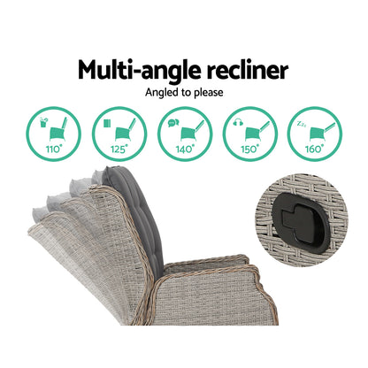 Gardeon 5PC Recliner Chairs Table Sun lounge Wicker Outdoor Furniture Adjustable Grey-Furniture > Outdoor > Outdoor Chairs-PEROZ Accessories