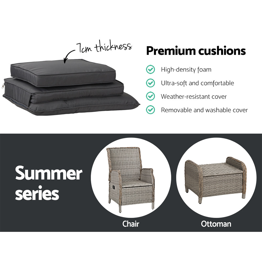 Gardeon 5PC Recliner Chairs Table Sun lounge Wicker Outdoor Furniture Adjustable Grey-Furniture > Outdoor > Outdoor Chairs-PEROZ Accessories
