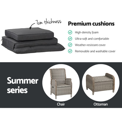 Gardeon 5PC Recliner Chairs Table Sun lounge Wicker Outdoor Furniture Adjustable Grey-Furniture > Outdoor > Outdoor Chairs-PEROZ Accessories