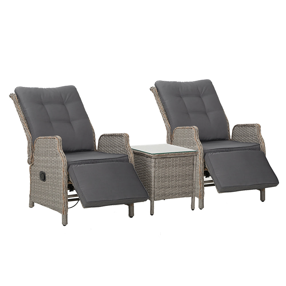 Gardeon 3PC Recliner Chairs Table Sun lounge Outdoor Furniture Wicker Adjustable Grey-Furniture &gt; Outdoor &gt; Outdoor Chairs-PEROZ Accessories