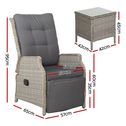 Gardeon 3PC Recliner Chairs Table Sun lounge Outdoor Furniture Wicker Adjustable Grey-Furniture &gt; Outdoor &gt; Outdoor Chairs-PEROZ Accessories