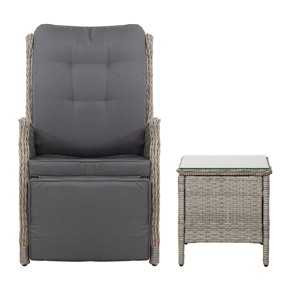 Gardeon 3PC Recliner Chairs Table Sun lounge Outdoor Furniture Wicker Adjustable Grey-Furniture &gt; Outdoor &gt; Outdoor Chairs-PEROZ Accessories