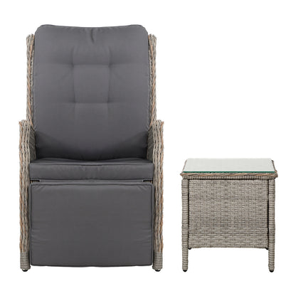 Gardeon 3PC Recliner Chairs Table Sun lounge Outdoor Furniture Wicker Adjustable Grey-Furniture &gt; Outdoor &gt; Outdoor Chairs-PEROZ Accessories