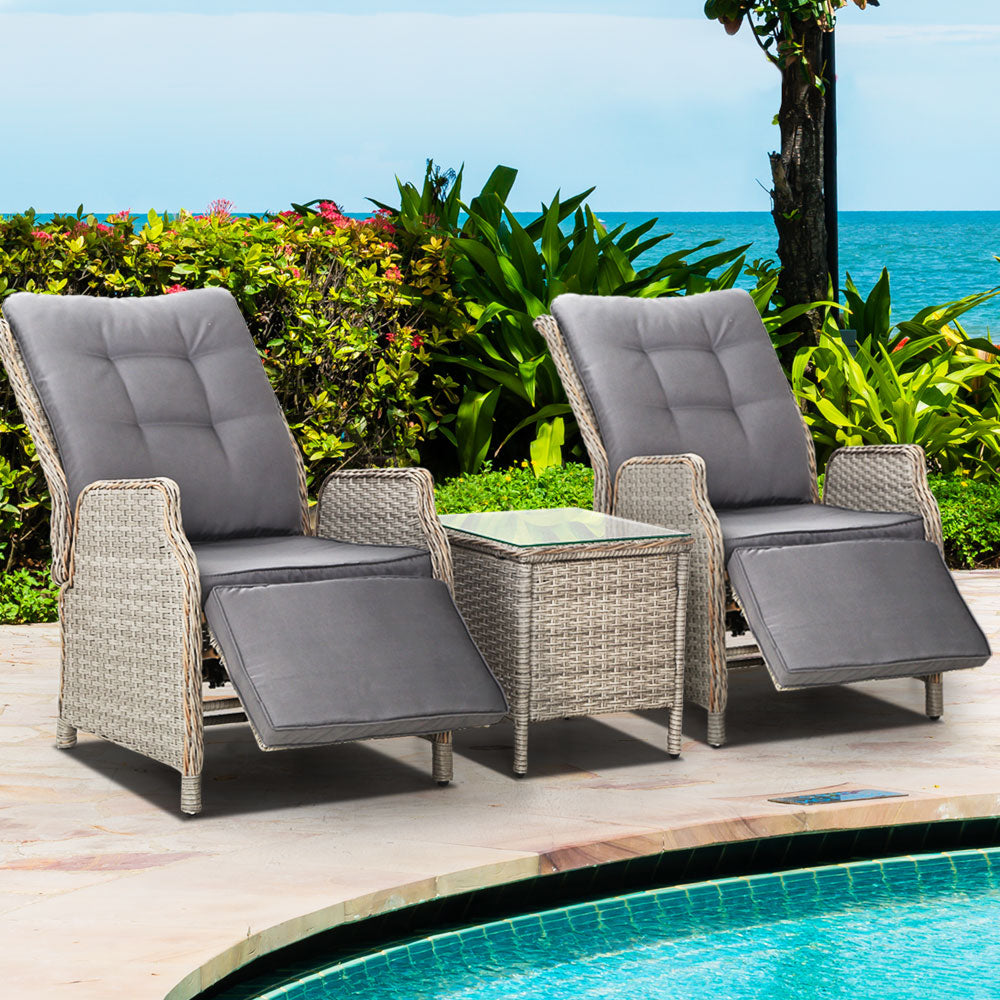 Gardeon 3PC Recliner Chairs Table Sun lounge Outdoor Furniture Wicker Adjustable Grey-Furniture &gt; Outdoor &gt; Outdoor Chairs-PEROZ Accessories