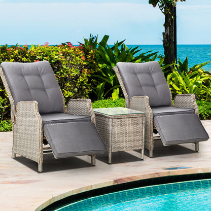 Gardeon 3PC Recliner Chairs Table Sun lounge Outdoor Furniture Wicker Adjustable Grey-Furniture &gt; Outdoor &gt; Outdoor Chairs-PEROZ Accessories