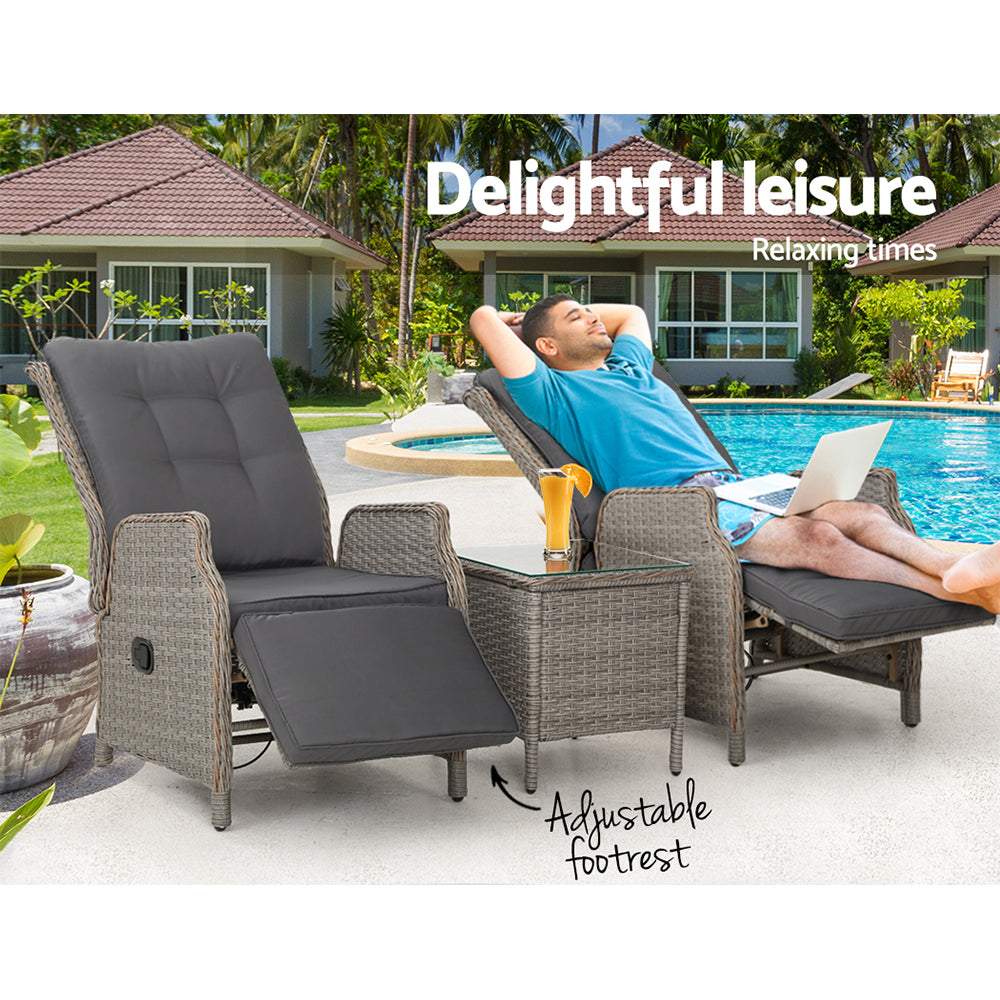 Gardeon 3PC Recliner Chairs Table Sun lounge Outdoor Furniture Wicker Adjustable Grey-Furniture &gt; Outdoor &gt; Outdoor Chairs-PEROZ Accessories