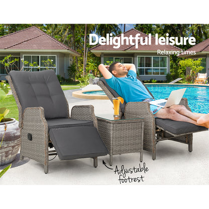 Gardeon 3PC Recliner Chairs Table Sun lounge Outdoor Furniture Wicker Adjustable Grey-Furniture &gt; Outdoor &gt; Outdoor Chairs-PEROZ Accessories