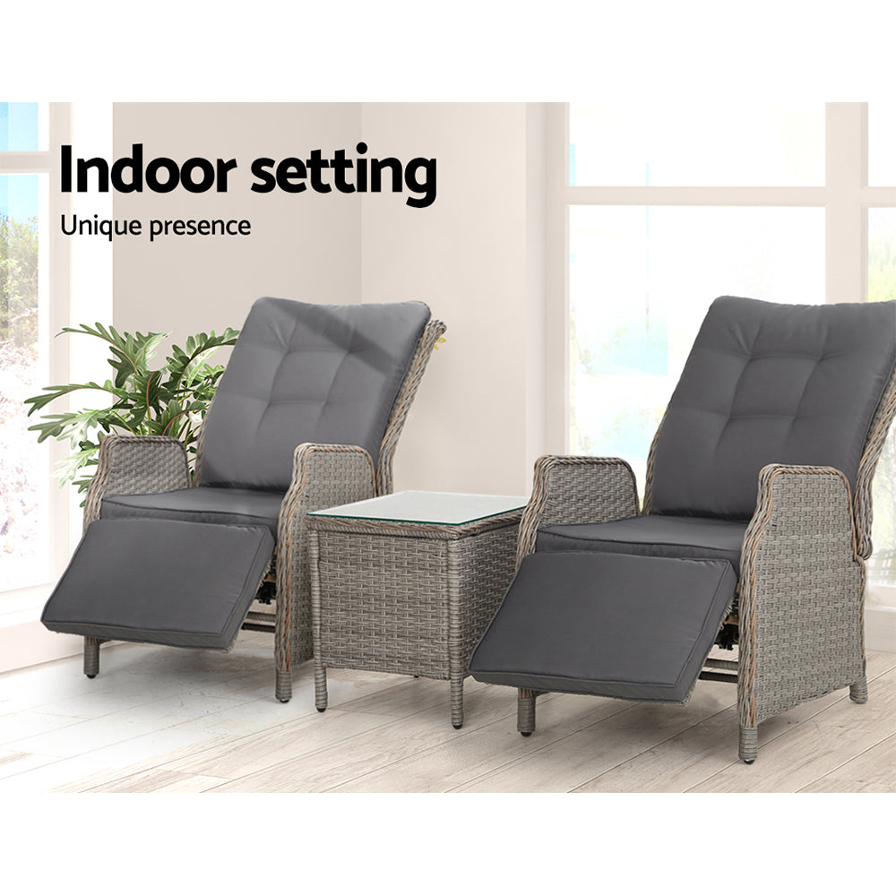 Gardeon 3PC Recliner Chairs Table Sun lounge Outdoor Furniture Wicker Adjustable Grey-Furniture &gt; Outdoor &gt; Outdoor Chairs-PEROZ Accessories