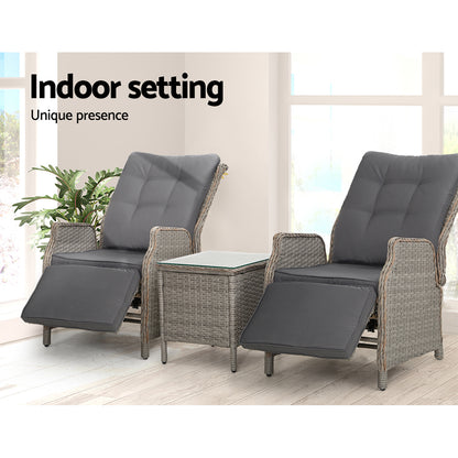 Gardeon 3PC Recliner Chairs Table Sun lounge Outdoor Furniture Wicker Adjustable Grey-Furniture &gt; Outdoor &gt; Outdoor Chairs-PEROZ Accessories