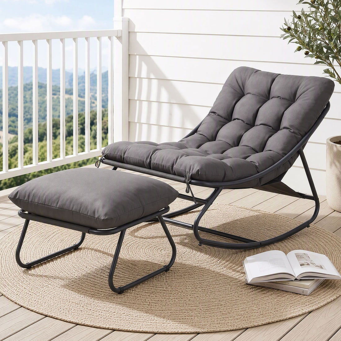 Gardeon Rocking Chair with Footrest Mesh Seat Cushion Outdoor Chairs Grey-Furniture > Outdoor > Outdoor Chairs-PEROZ Accessories