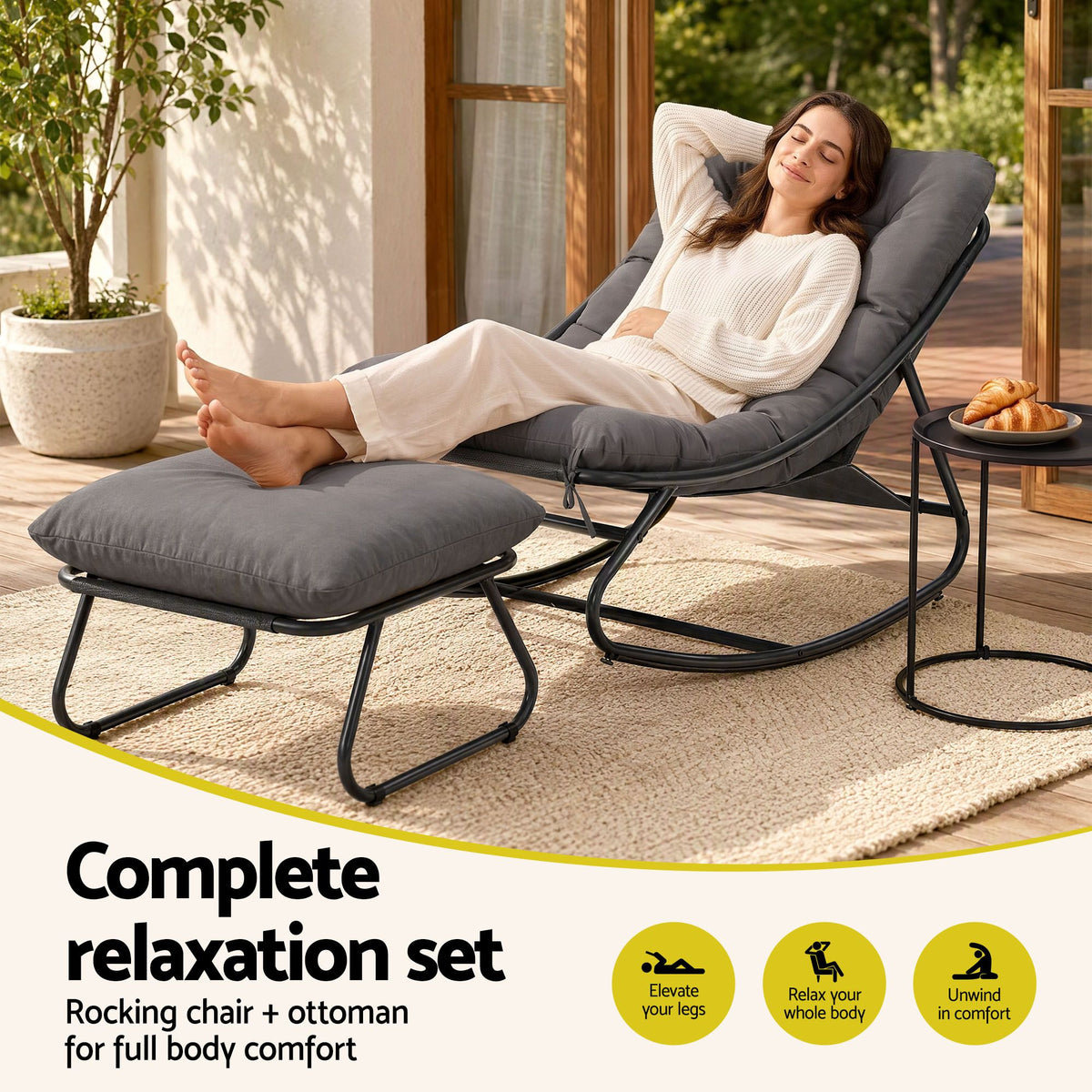 Gardeon Rocking Chair with Footrest Mesh Seat Cushion Outdoor Chairs Grey-Furniture > Outdoor > Outdoor Chairs-PEROZ Accessories