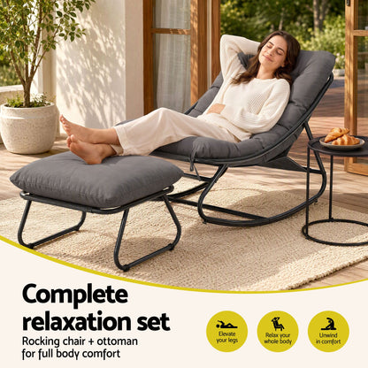 Gardeon Rocking Chair with Footrest Mesh Seat Cushion Outdoor Chairs Grey-Furniture > Outdoor > Outdoor Chairs-PEROZ Accessories