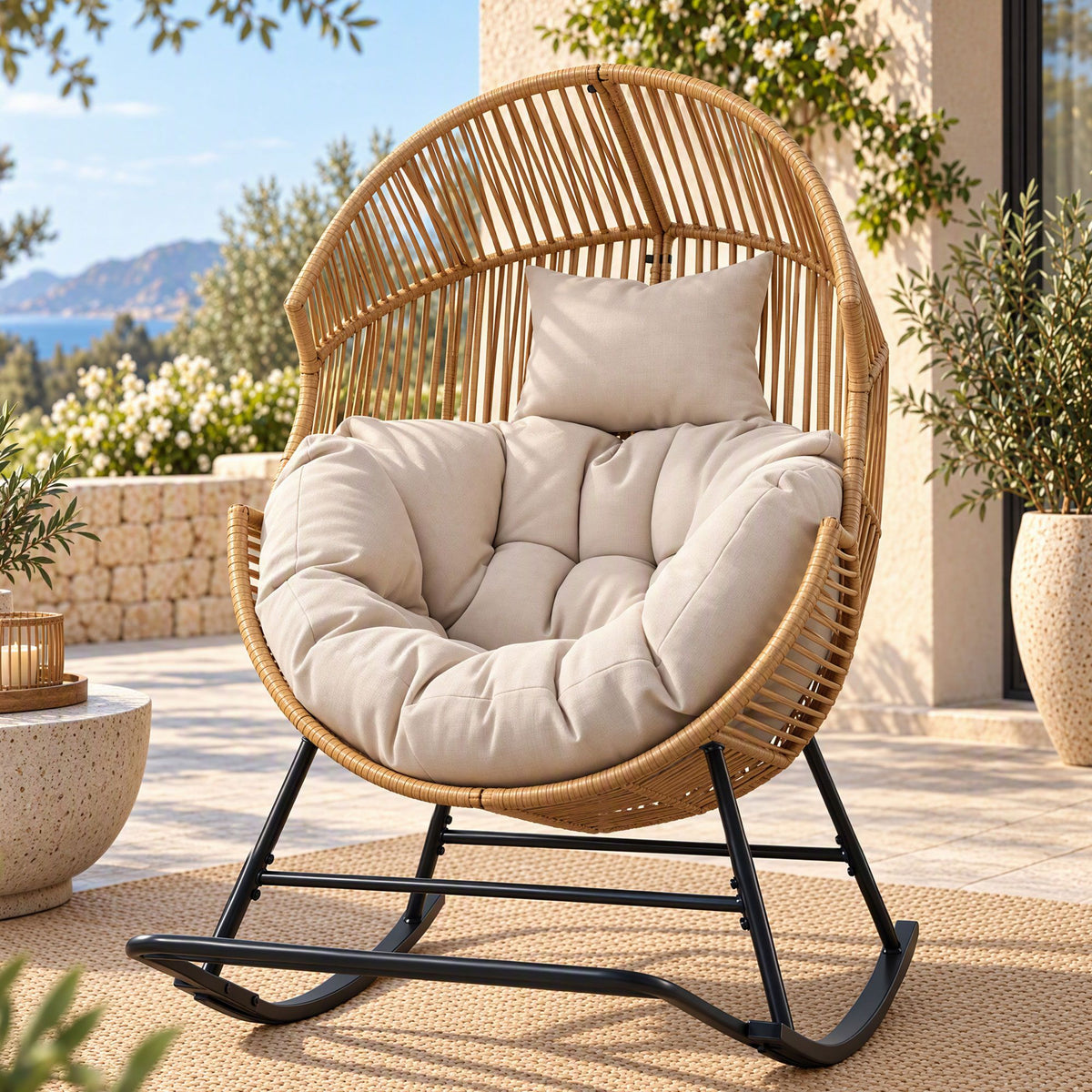 Gardeon Outdoor Egg Rocking Chair Rattan Lounger with Thick Cushion Patio Furniture Natural-Furniture > Outdoor > Outdoor Chairs-PEROZ Accessories