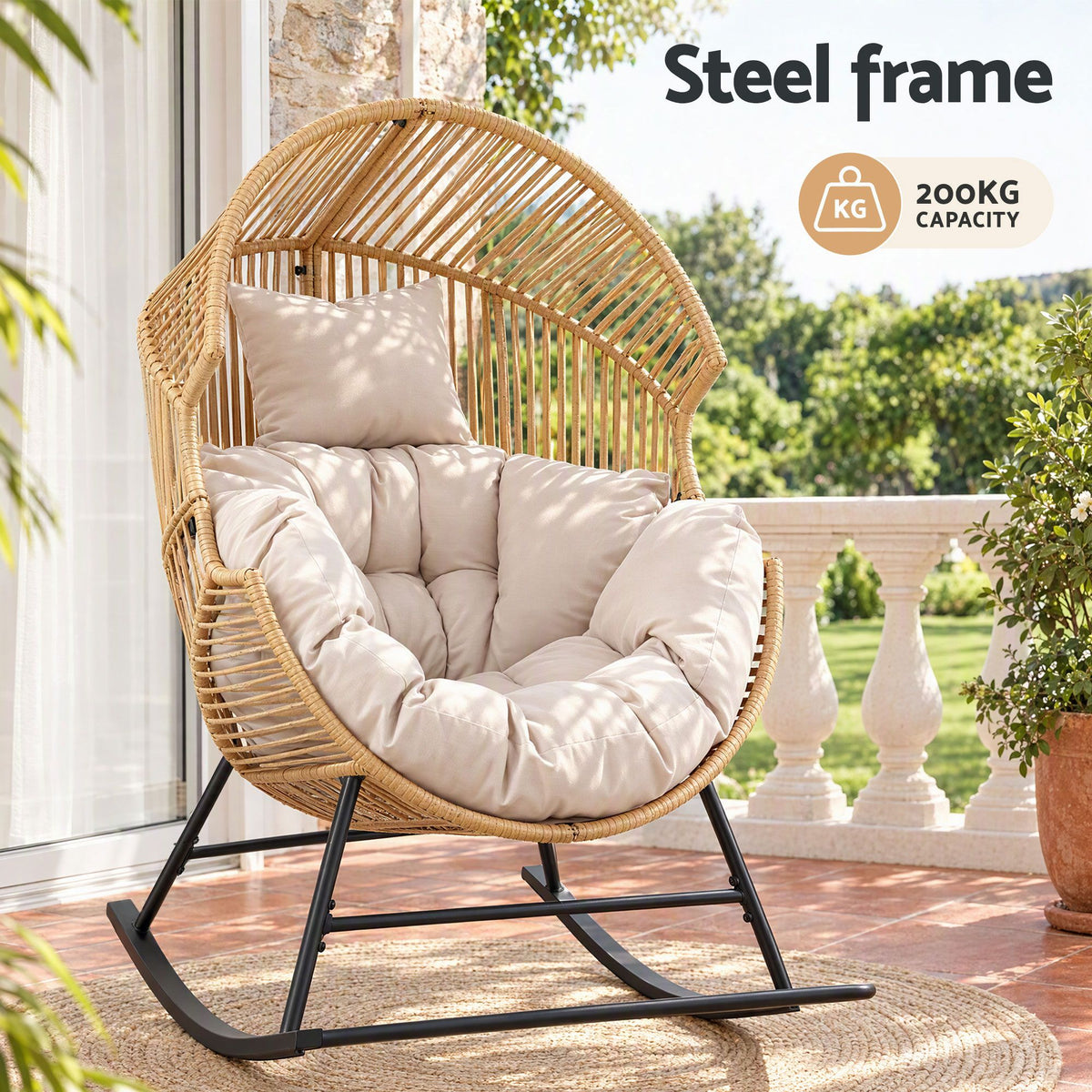 Gardeon Outdoor Egg Rocking Chair Rattan Lounger with Thick Cushion Patio Furniture Natural-Furniture > Outdoor > Outdoor Chairs-PEROZ Accessories