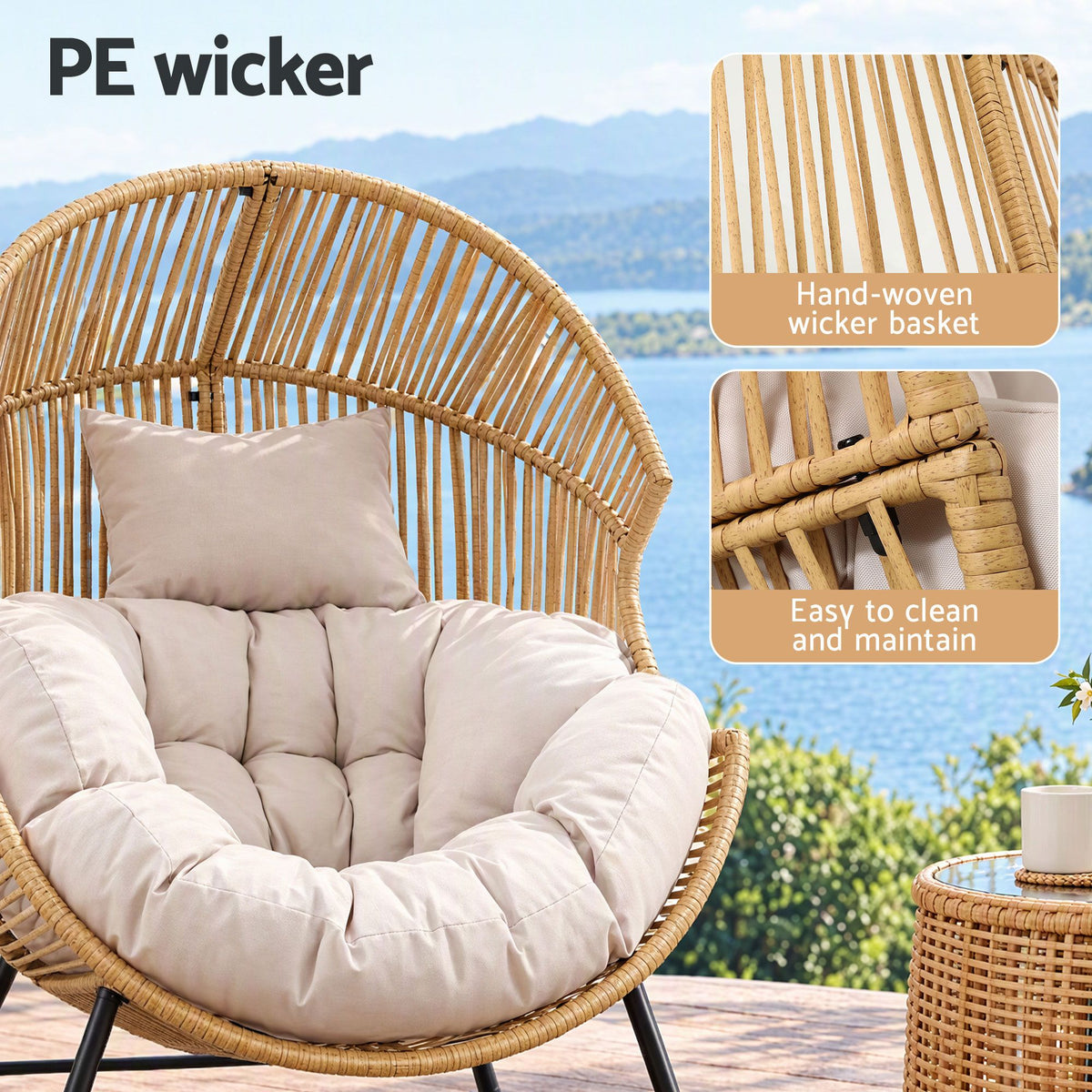 Gardeon Outdoor Egg Rocking Chair Rattan Lounger with Thick Cushion Patio Furniture Natural-Furniture > Outdoor > Outdoor Chairs-PEROZ Accessories