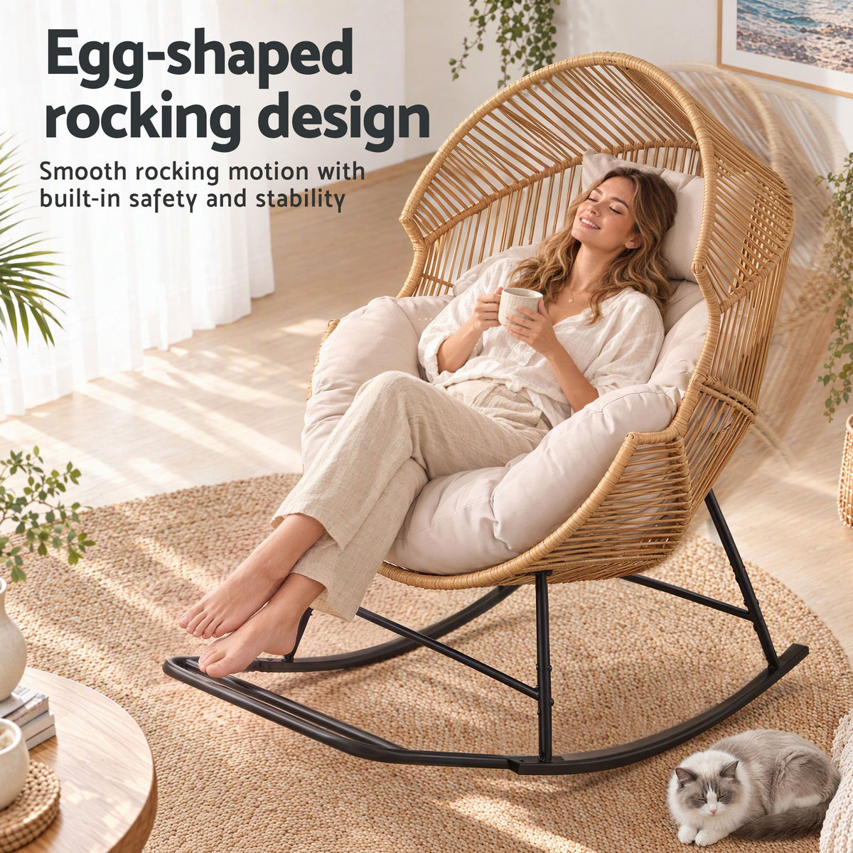 Gardeon Outdoor Egg Rocking Chair Rattan Lounger with Thick Cushion Patio Furniture Natural-Furniture > Outdoor > Outdoor Chairs-PEROZ Accessories