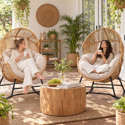 Gardeon Outdoor Egg Rocking Chair Rattan Lounger with Thick Cushion Patio Furniture Natural-Furniture > Outdoor > Outdoor Chairs-PEROZ Accessories