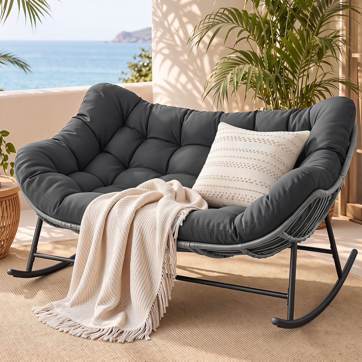 Gardeon Outdoor Rocking Chair Loveseat Wicker 2 Seater Cushion Patio Furniture Grey