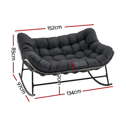 Gardeon Outdoor Rocking Chair Loveseat Wicker 2 Seater Cushion Patio Furniture Grey